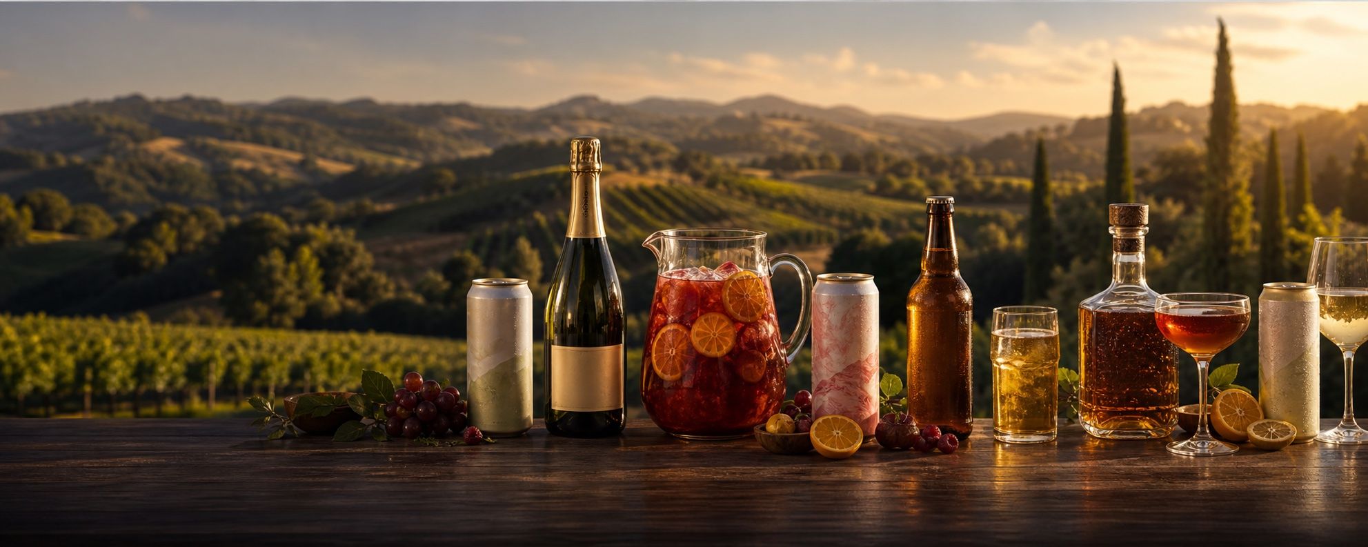 A premium assortment of wine, sangria, cider, cocktails, and non-alcoholic beverages overlooking a California vineyard.