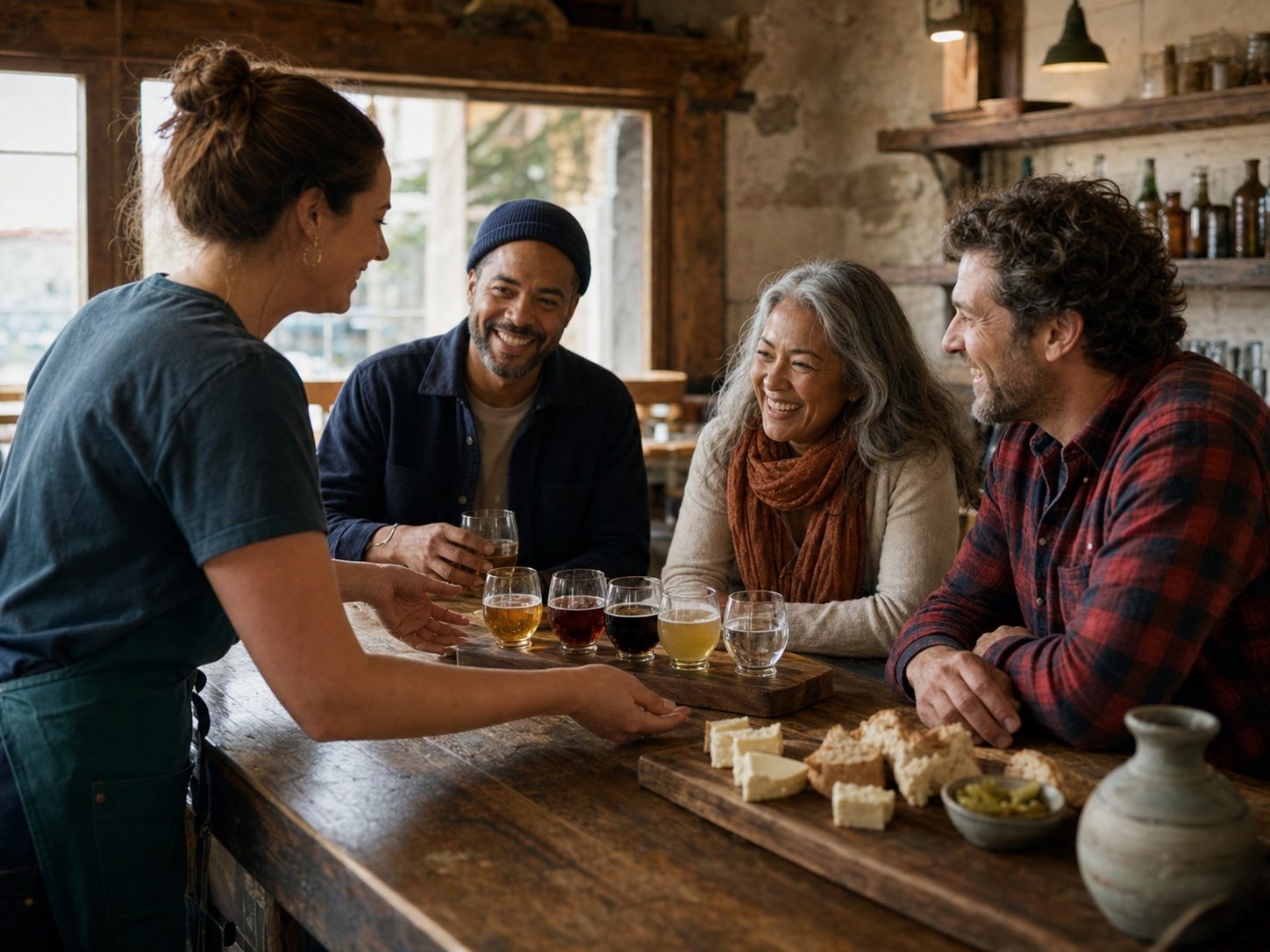 Guests enjoying a guided tasting around a wooden table.